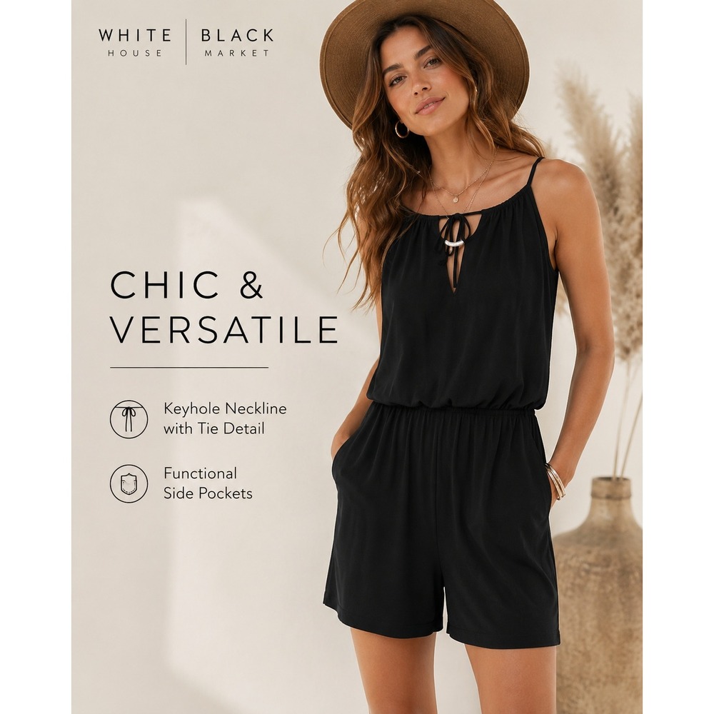 White House Black Market Black Keyhole Tie Neck Romper‎ Jumpsuit Medium
